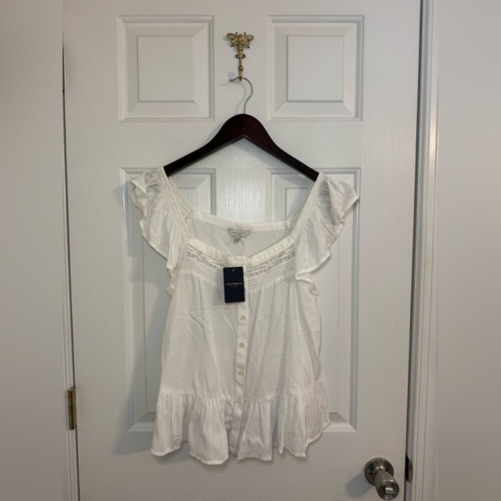 Lucky Brand Blouse Size Small NWT Square Neck Peplum White Ruffle